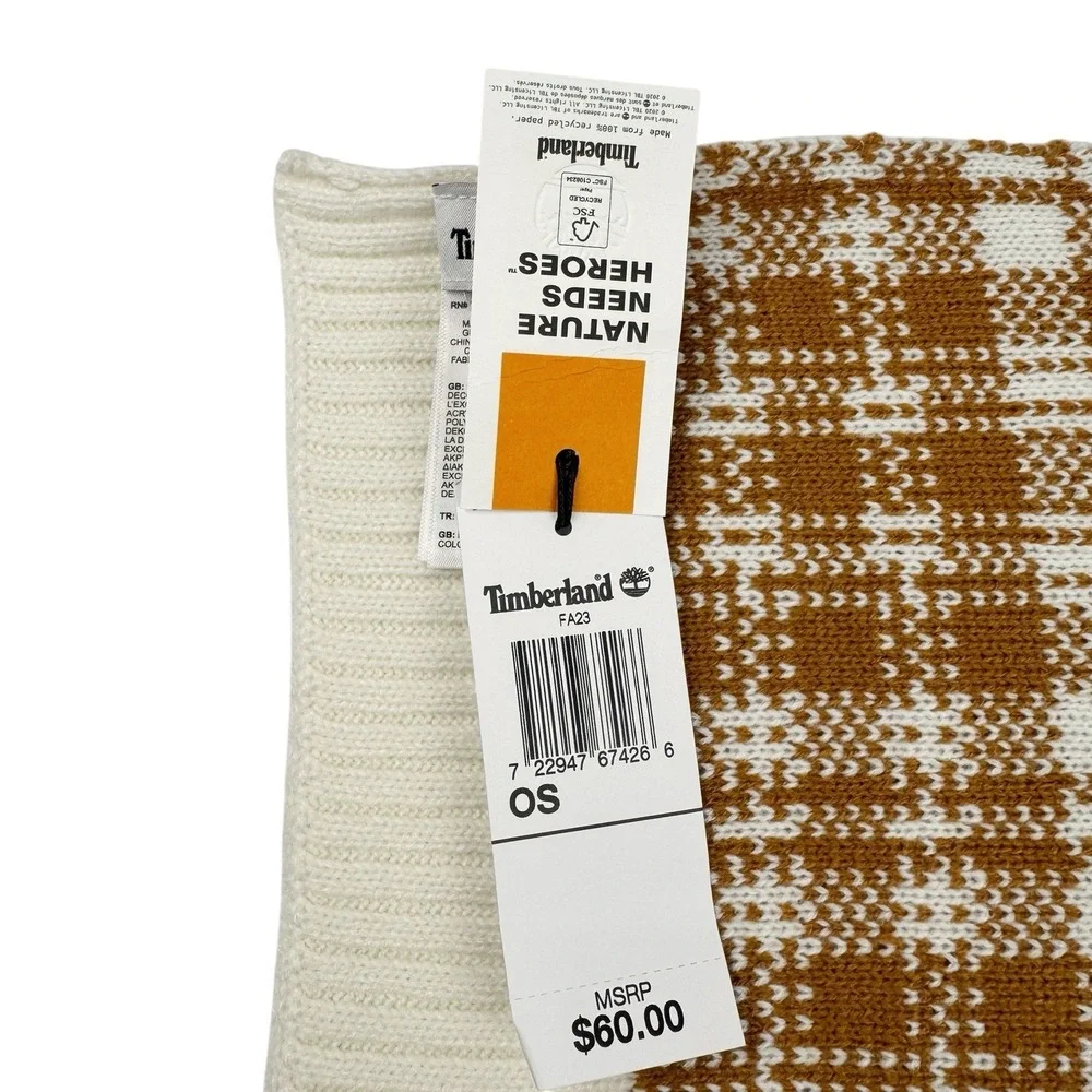 Timberland Buffalo Plaid Knit Scarf‎ Wheat Tan Cream Chunky Unisex OS NWT $60